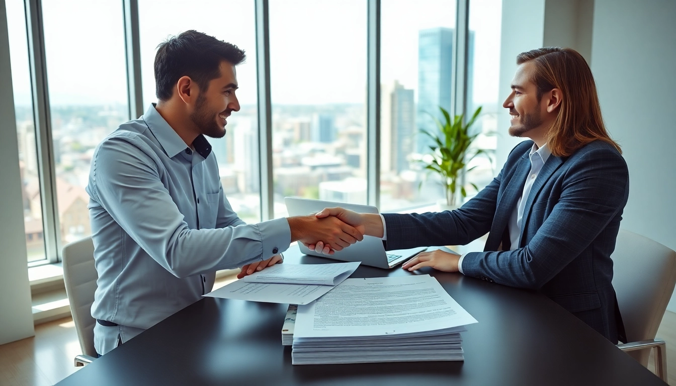 Secure guaranteed rent in Southall with a landlord and tenant handshake in an office.