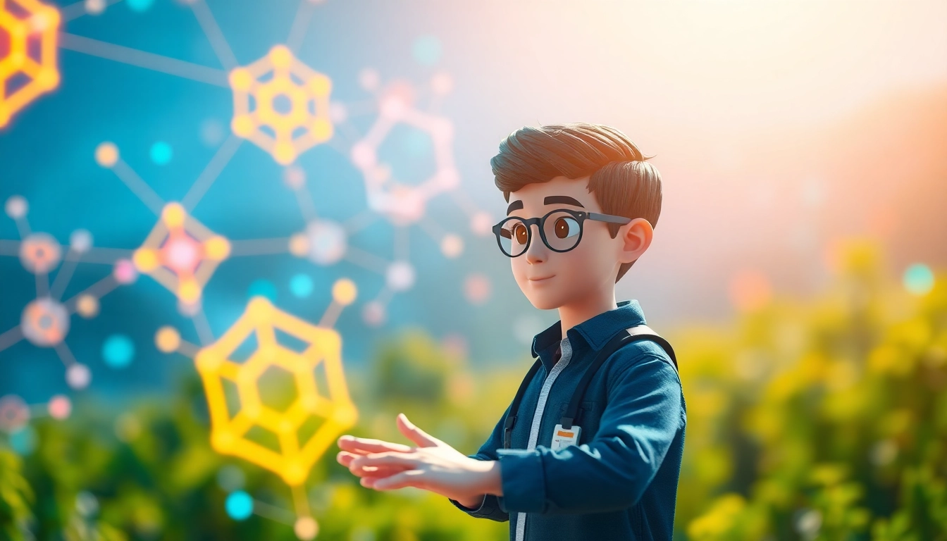 Engaging live avatar interacting with vibrant digital elements in a virtual landscape.