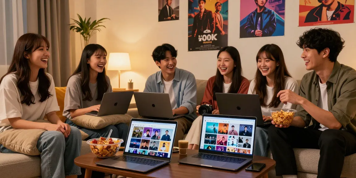 티비위키를 활용해 친구들이 드라마와 영화를 즐기는 아늑한 거실 모습