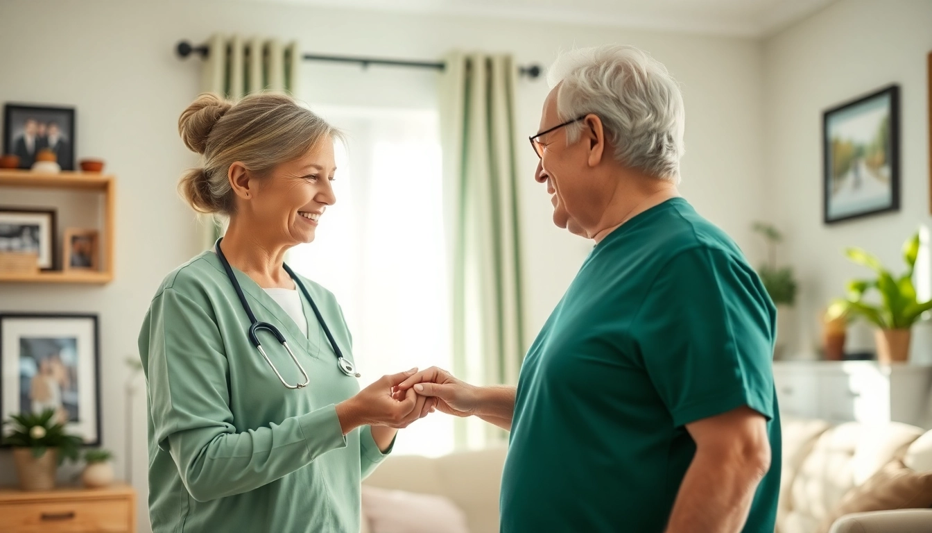Caregiver providing in home health care services near me to an elderly person in a warm living room.