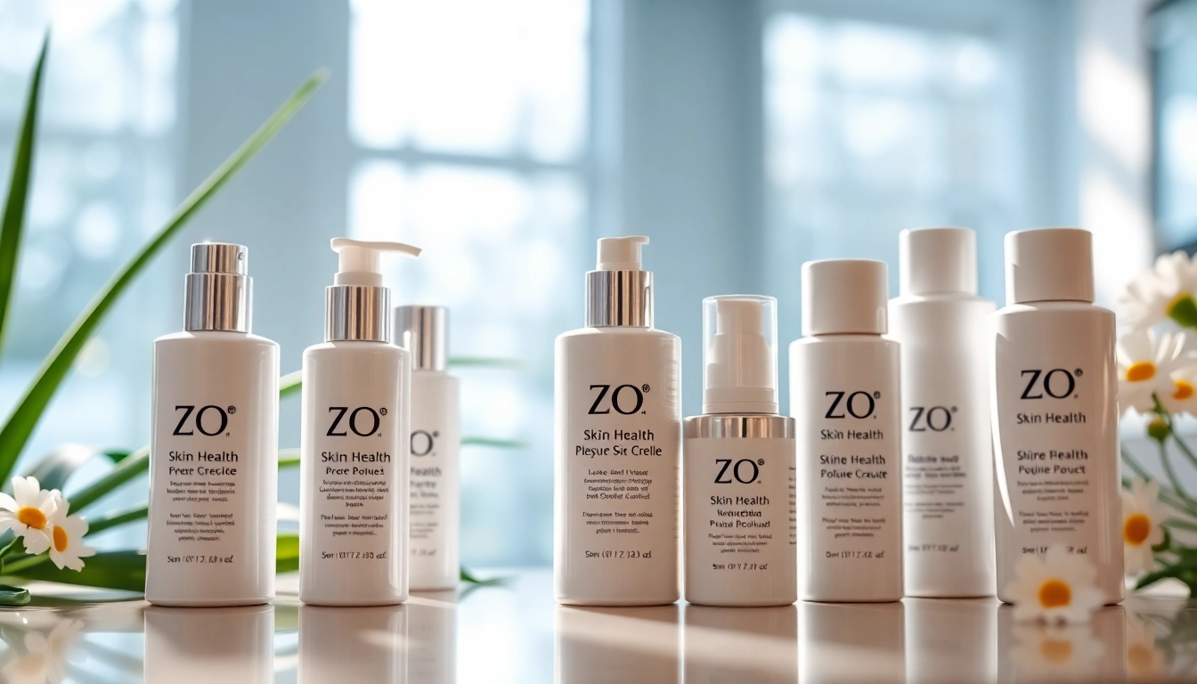 Präsentation der ZO Skin Health Produkte auf eleganter Theke, umgeben von beruhigenden Pflanzen.