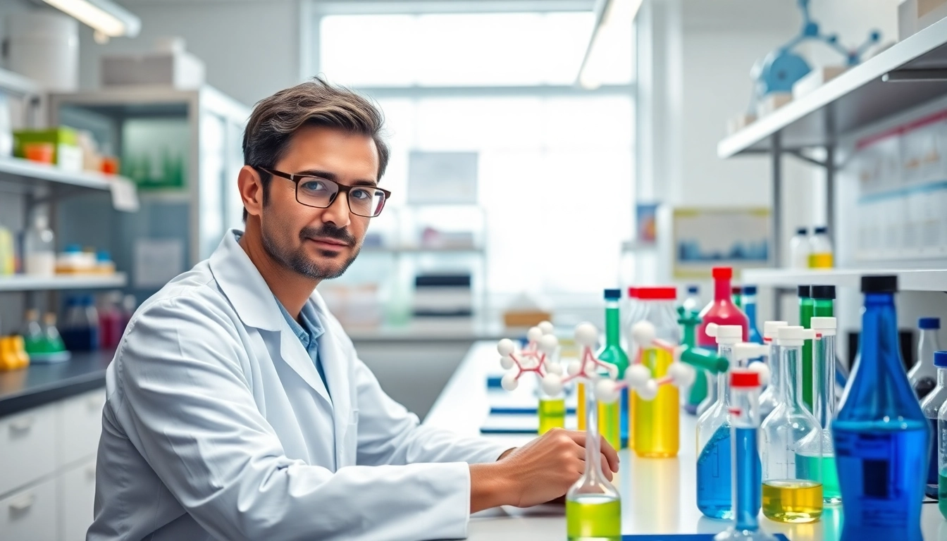 Explore the molecular structure of NAD+ in a vibrant laboratory setting with a focused chemist.