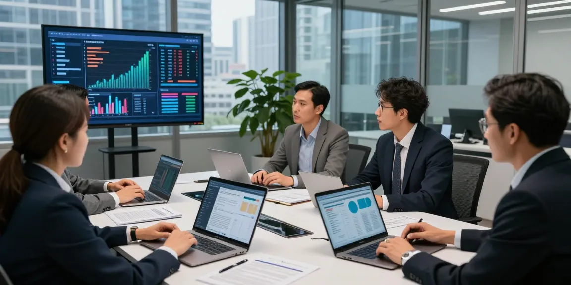 Team deliberating over financial crime intelligence in a modern office setting.