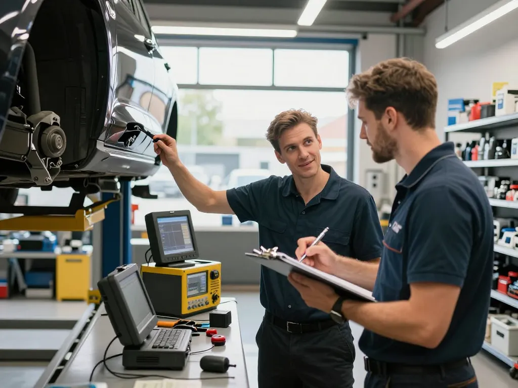 Kfz Gutachter inspiziert Fahrzeugschaden in einer beschäftigten Autowerkstatt und zeigt Professionalität und Expertise.
