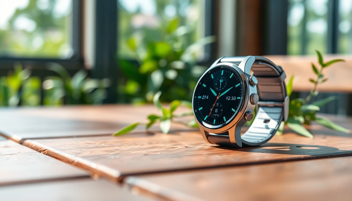 Showcasing Ringconn smartwatch highlighting health metrics elegantly on a wooden table.