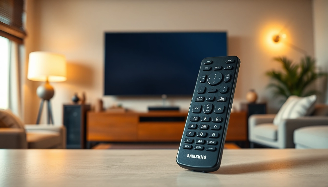 Bediene die Samsung One Remote universal original in einem modernen Wohnzimmer für optimales Fernsehen.