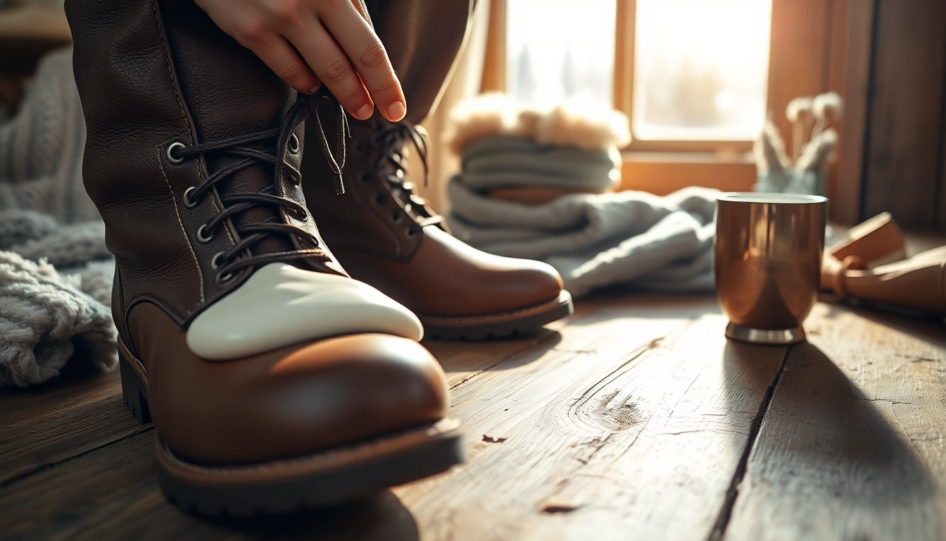 Applying products on how to waterproof leather boots for winter with a cozy winter setting.