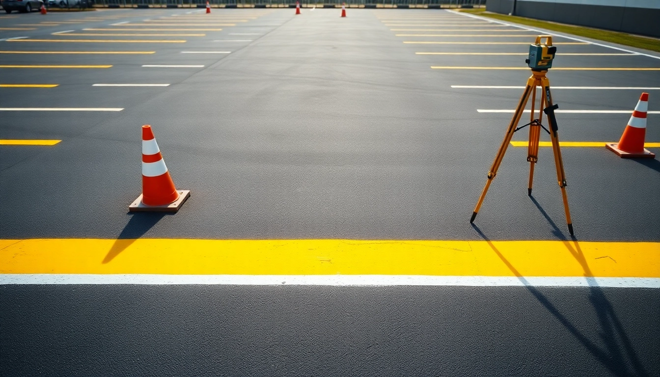 Enhancing visibility of parking lot restriping Jackson MS with freshly painted lines and cones.