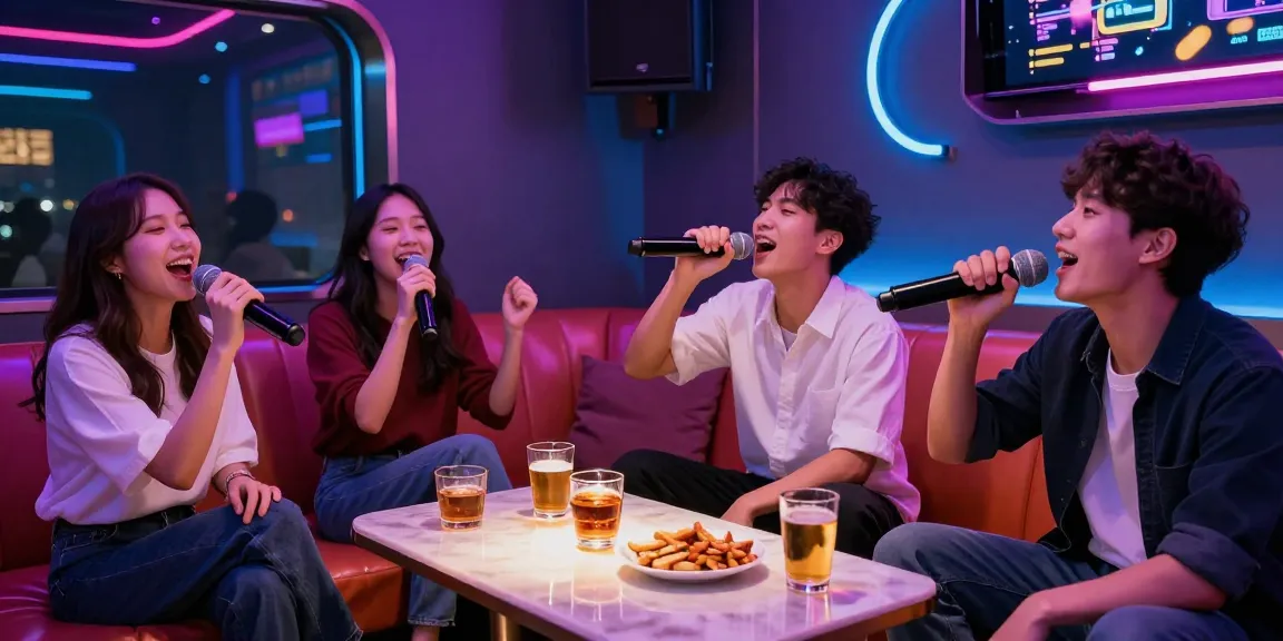 강남가라오케에서 친구들과 즐거운 시간을 보내는 모습, 화려한 조명이 비치고 음료와 안주가 가득한 테이블이 특징입니다.