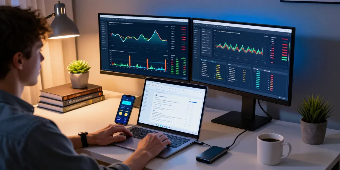 Bitcoin mining online analytics displayed on multiple monitors in a modern home office showcasing cryptocurrency trading activities and DeFi performance.