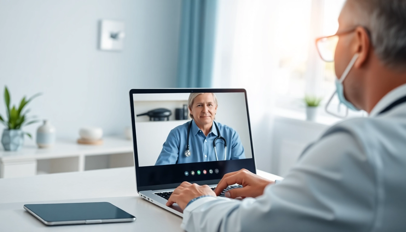 Experience fast telehealth consultation online with a doctor in a bright, modern setting.