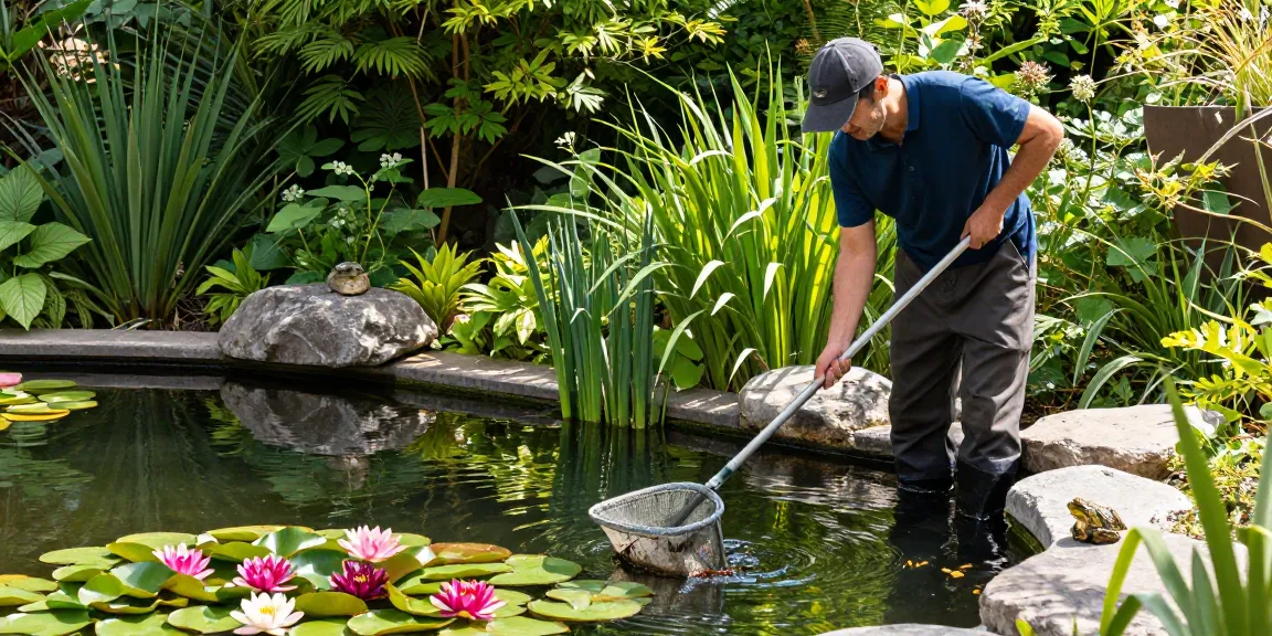 Pond Cleaning London - Professional cleaning and maintenance of a beautiful garden pond with vibrant flora.