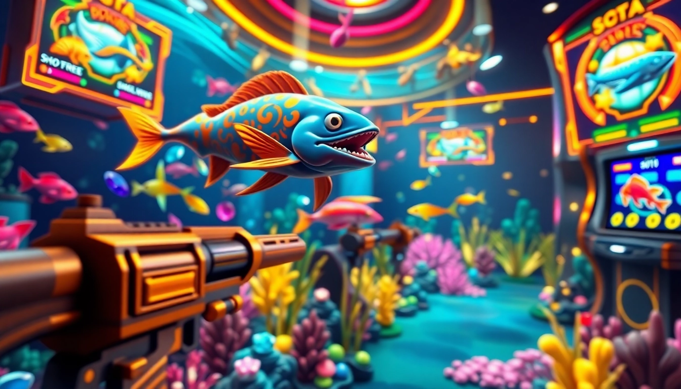 bắn cá đổi thưởng game scene featuring colorful fish and 3D firearms in an underwater casino environment