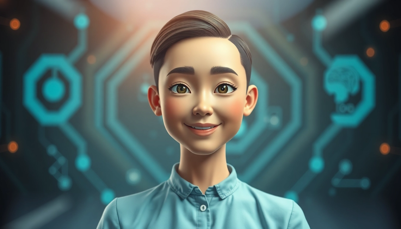 Interactive live avatar showcasing vibrant expressions and engaging features in a tech setting.