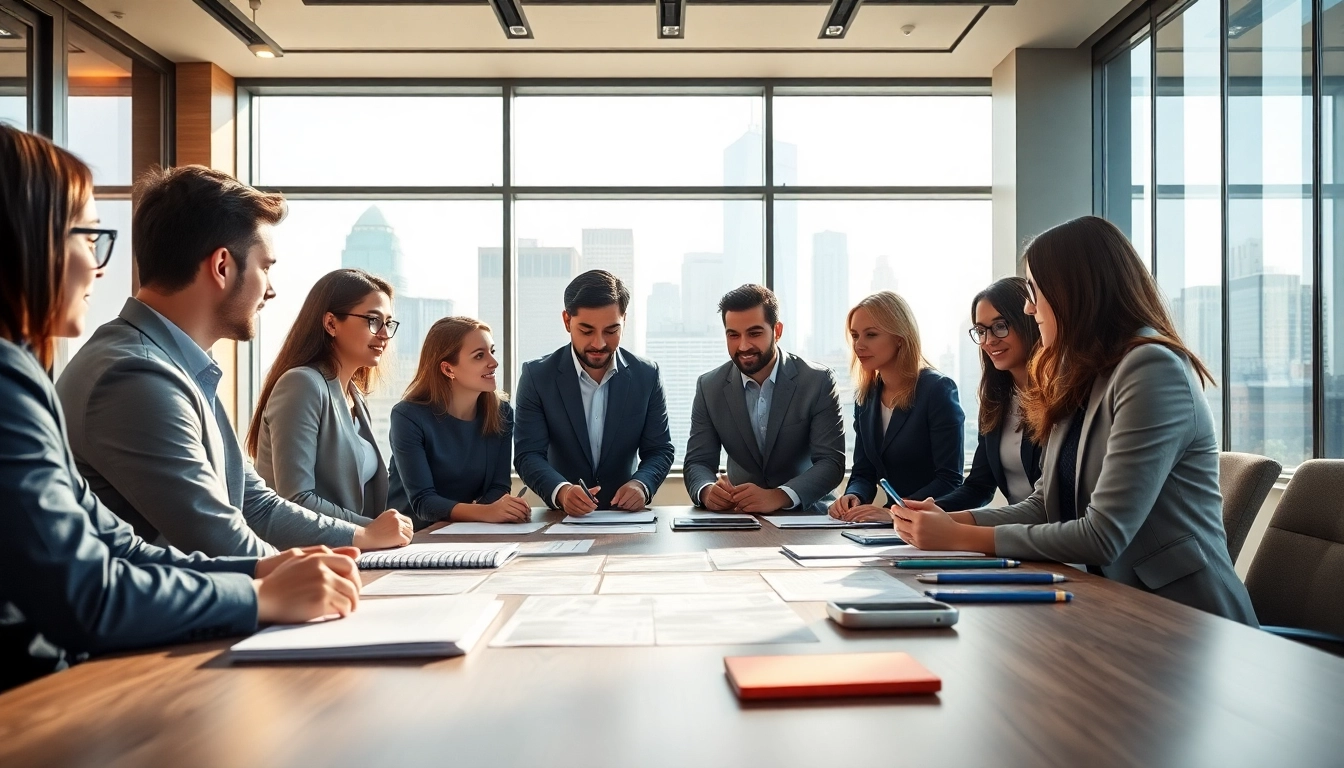 Engaged business team collaborating effectively in a modern workspace setting.