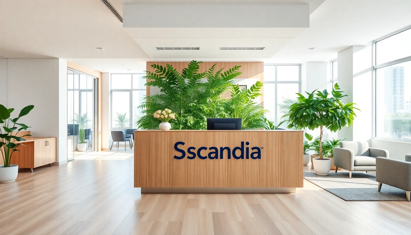 Scandia's modern office reception showcasing vibrant indoor plants and elegant design.