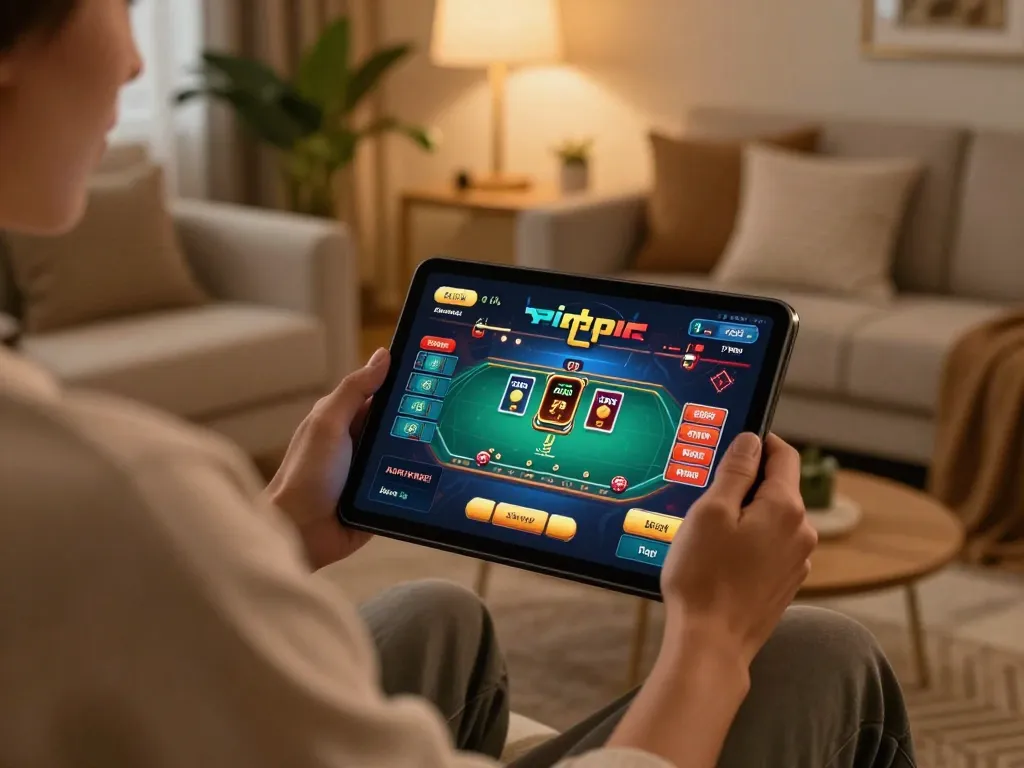 Engaging in a strategic game on Rikvip, showcasing a cozy home gaming setup with vibrant visuals.