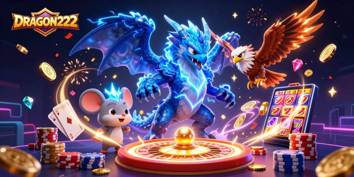 Experience thrilling gameplay with DRAGON222 featuring a thunder dragon, vibrant slots, and winning gems.