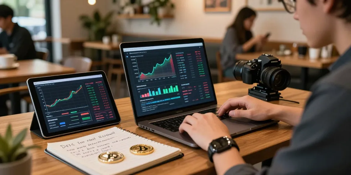 legit cloud mining platform discussed in a cozy coffee shop setting with blockchain study materials, cryptocurrency wallet, and market charts.