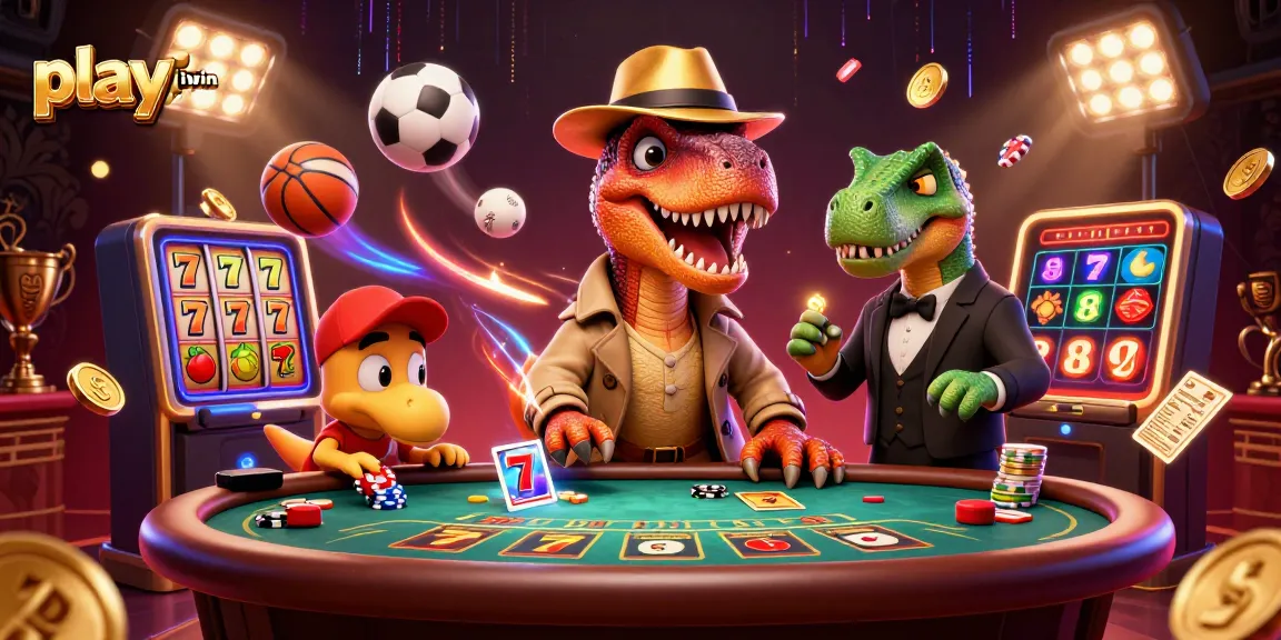 Play iwin at a vibrant casino scene featuring cartoon dinosaurs and slot machines.