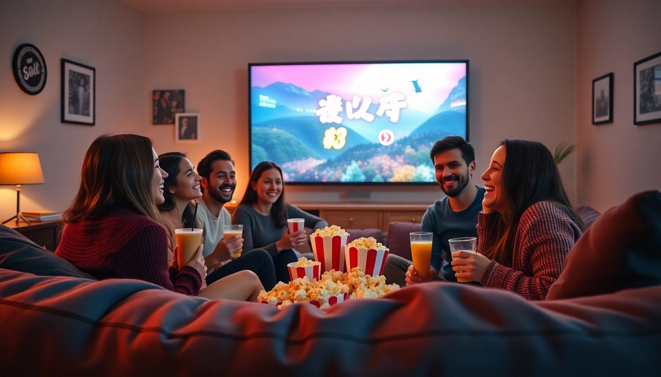 Enjoy a fun movie night with friends watching ดูหนังออนไลน์ on a big screen in a cozy living room.