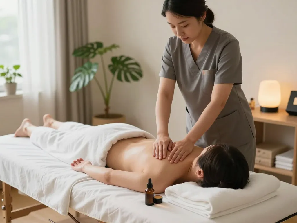 Relaxing home massage scene featuring professional service from https://www.maxim-anma.net, highlighting serene atmosphere and soothing oils.