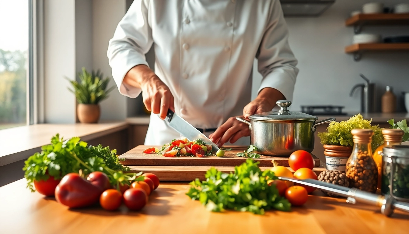 Chef at recipesalexarciab.com prepares gourmet dish with fresh ingredients in sunny kitchen.