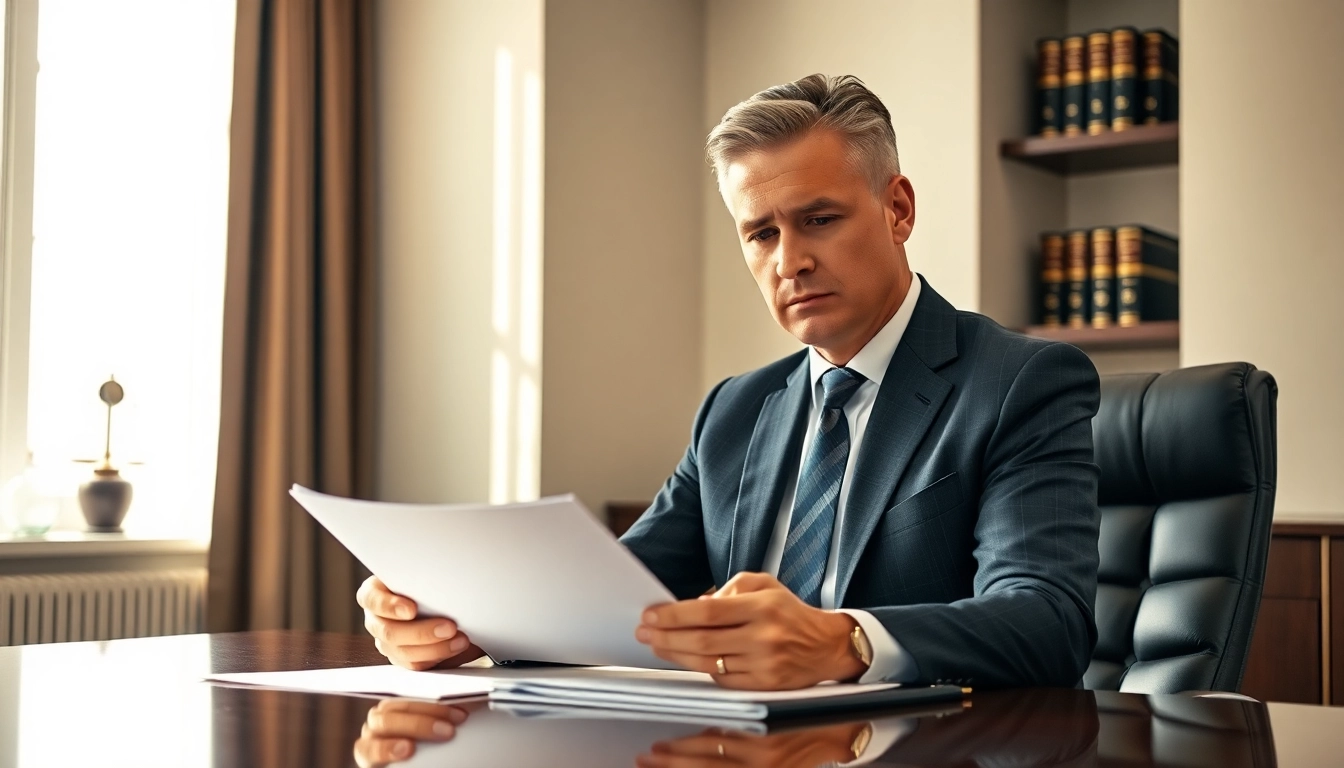 Houston Personal Injury Attorney confidently reviewing case files in a professional office setting.