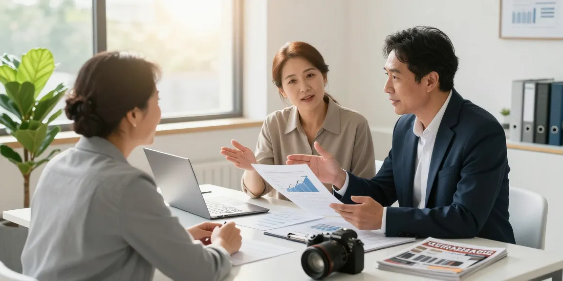 Financial advisor discussing deposit 5000 options with clients in welcoming office.