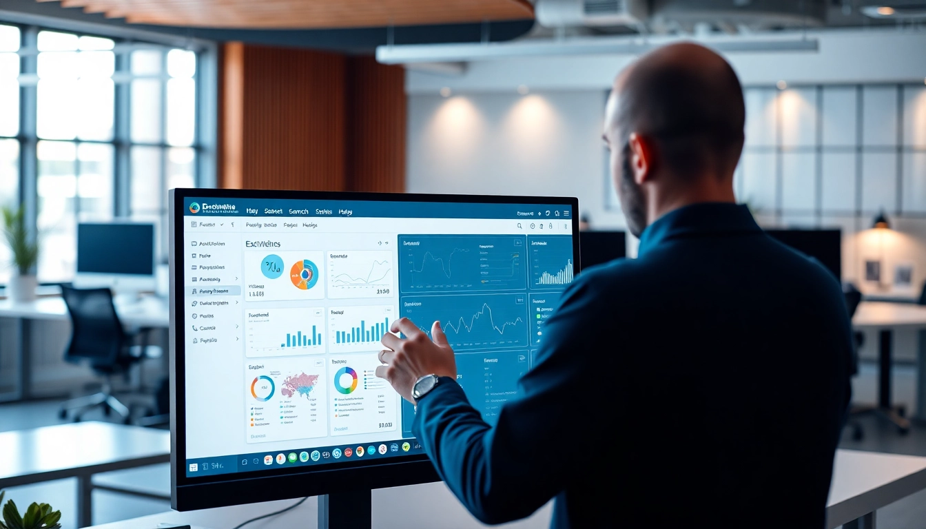 Showcase of enterprise search software highlighted on a computer screen in a modern office.