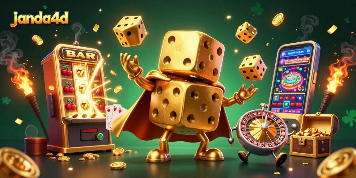 Permainan slot gacor di janda4d, dengan ilustrasi dadu emas, mesin slot, dan koin kemenangan.