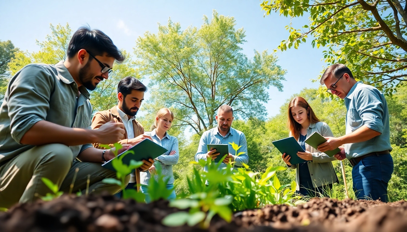CYB Environmental team analyzing soil samples in a vibrant outdoor setting.