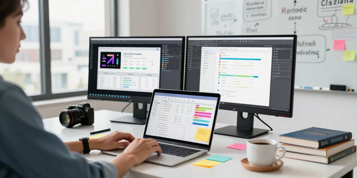 Focused professional analyzing sites to buy YouTube comments at a digital marketing desk, showcasing a productive environment.