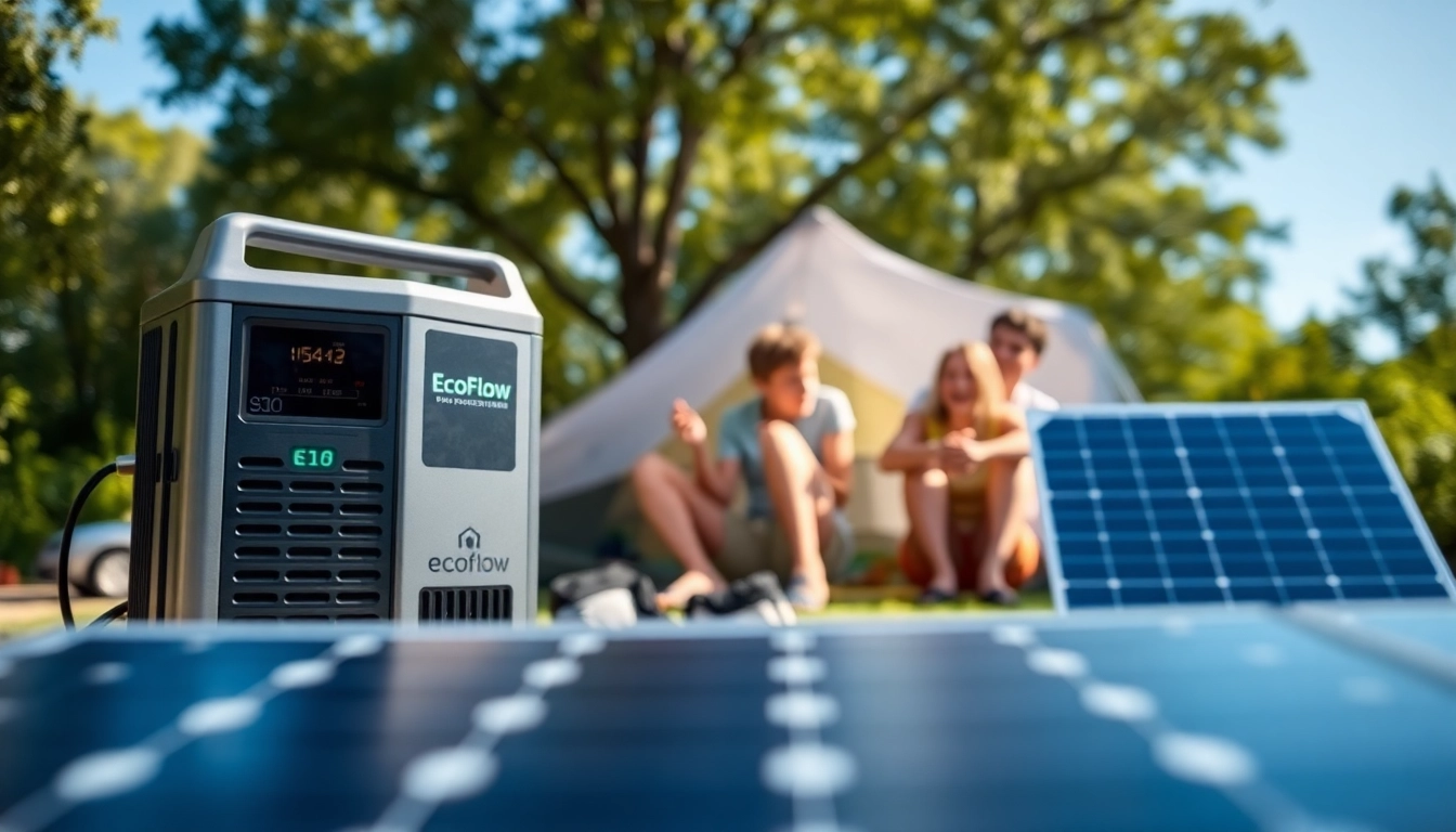 EcoFlow power station shining brightly in a natural camping environment, enhancing outdoor adventures.