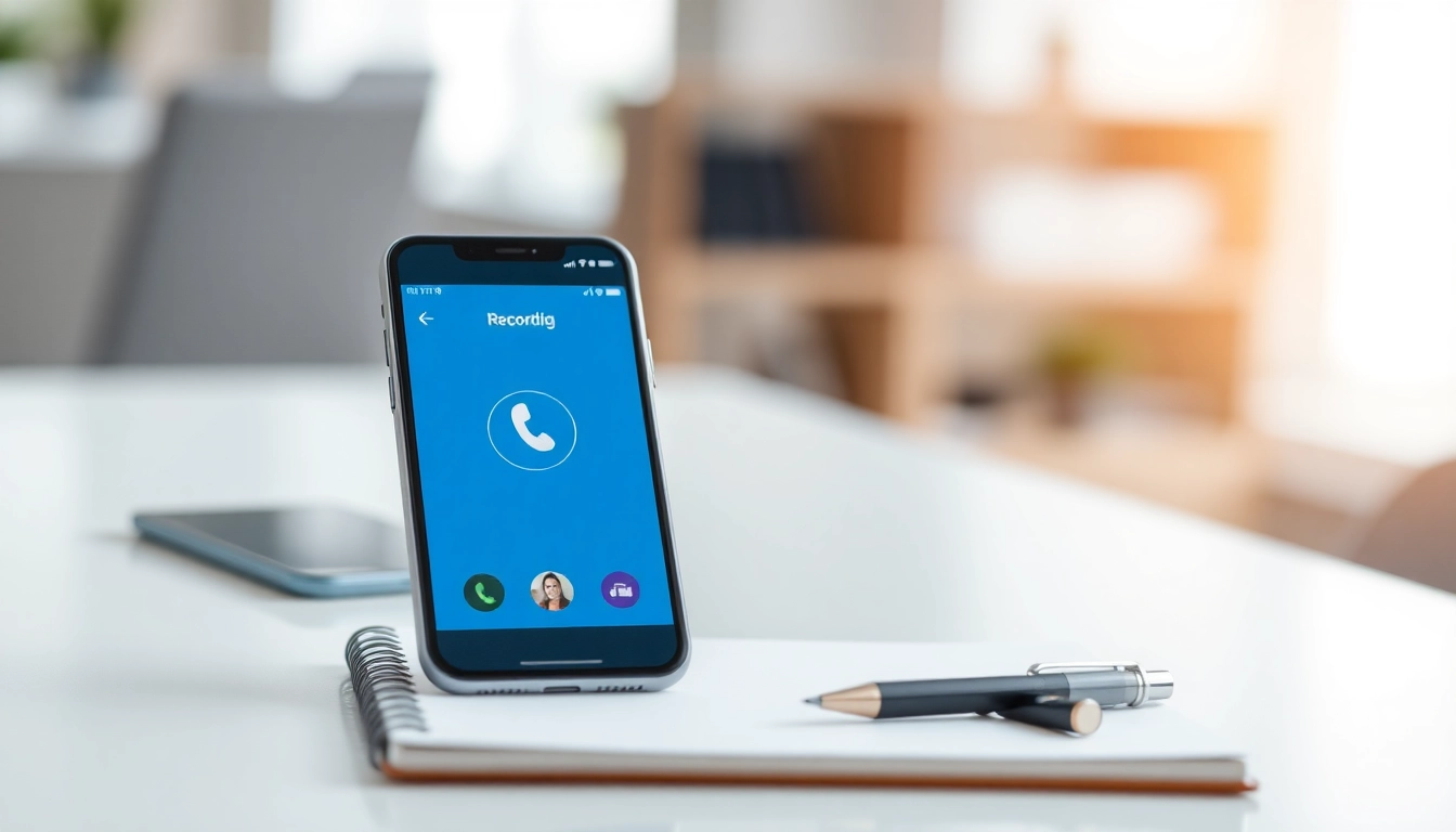 Record phone calls effortlessly with a sleek smartphone displaying call recording features in a professional office.