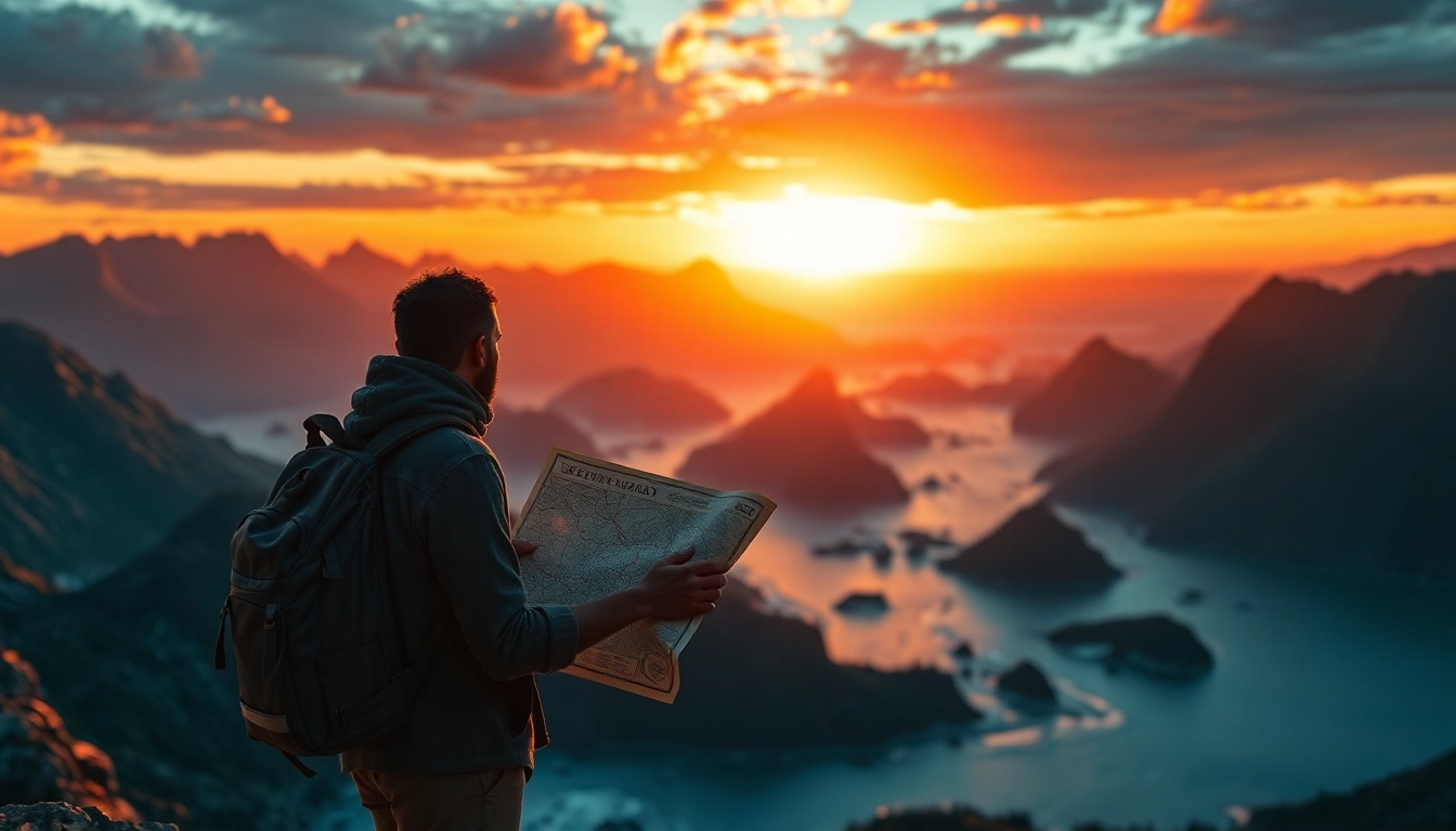 Journeying figure representing odyssey meaning origin in a stunning sunset landscape.