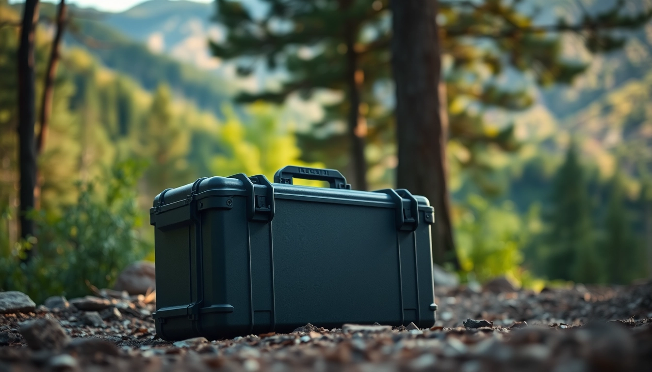 Showcasing a pelican rifle case in a rugged outdoor setting, emphasizing durability and protection.