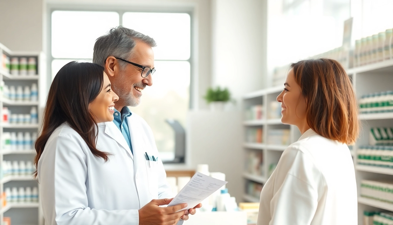 Assistive pharmacist guiding a customer at MediClick Pharmacy's inviting setting.