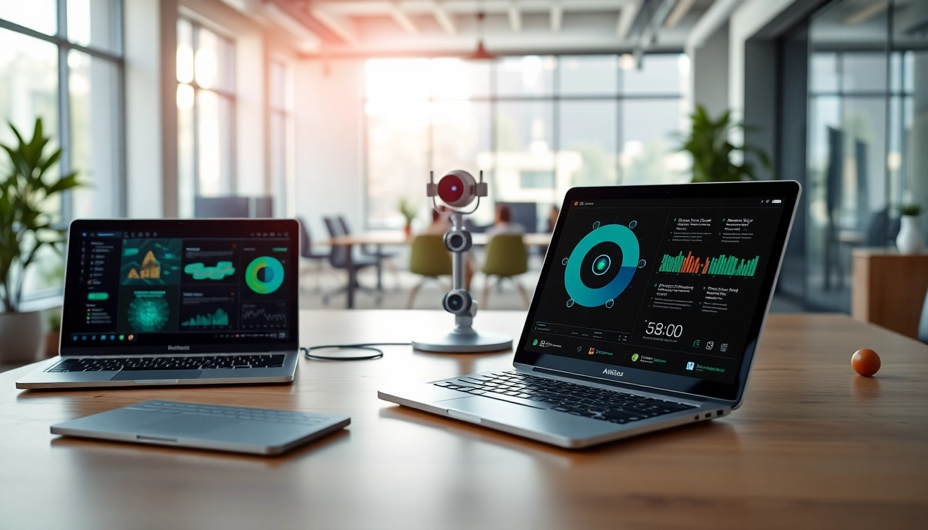 Showcase various ai tools in a modern office showcasing innovation and collaboration.