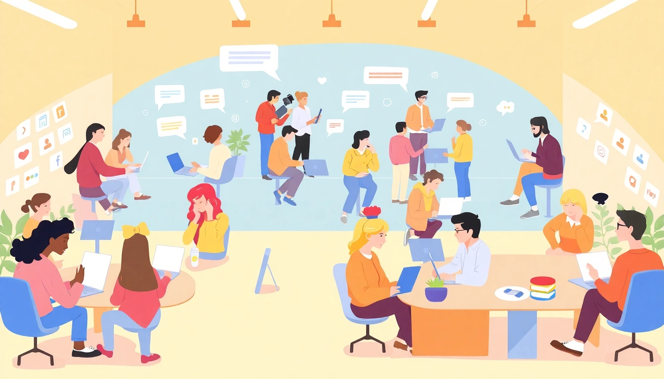 A dynamic illustration showcasing a community platform with diverse individuals collaborating and interacting.