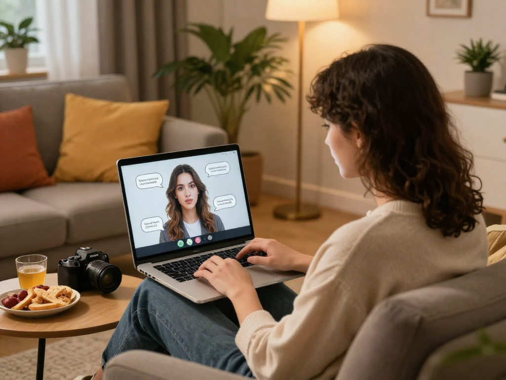 Engaging video call with a girlfriend AI enhancing personal connection in a cozy living room.