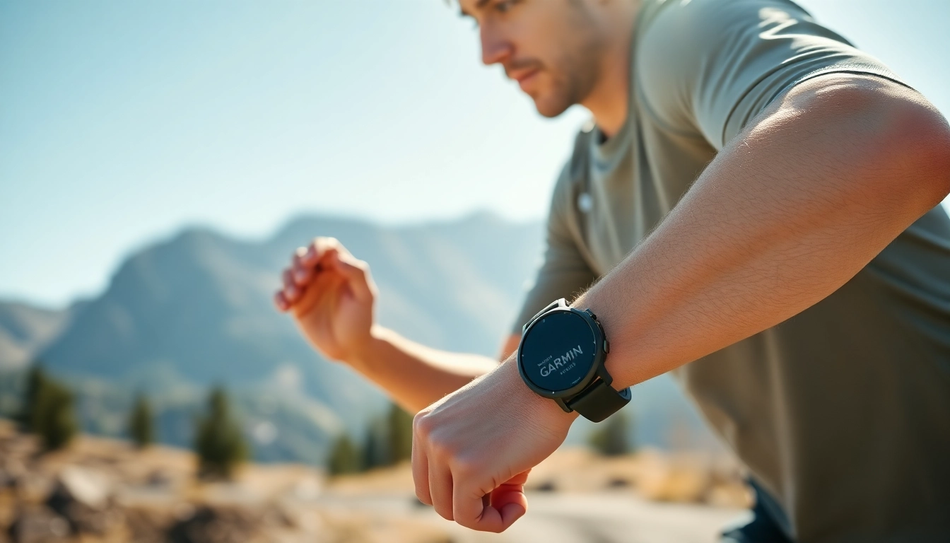 Athlete engaging in activity while using a Garmin smartwatch in an outdoor landscape.