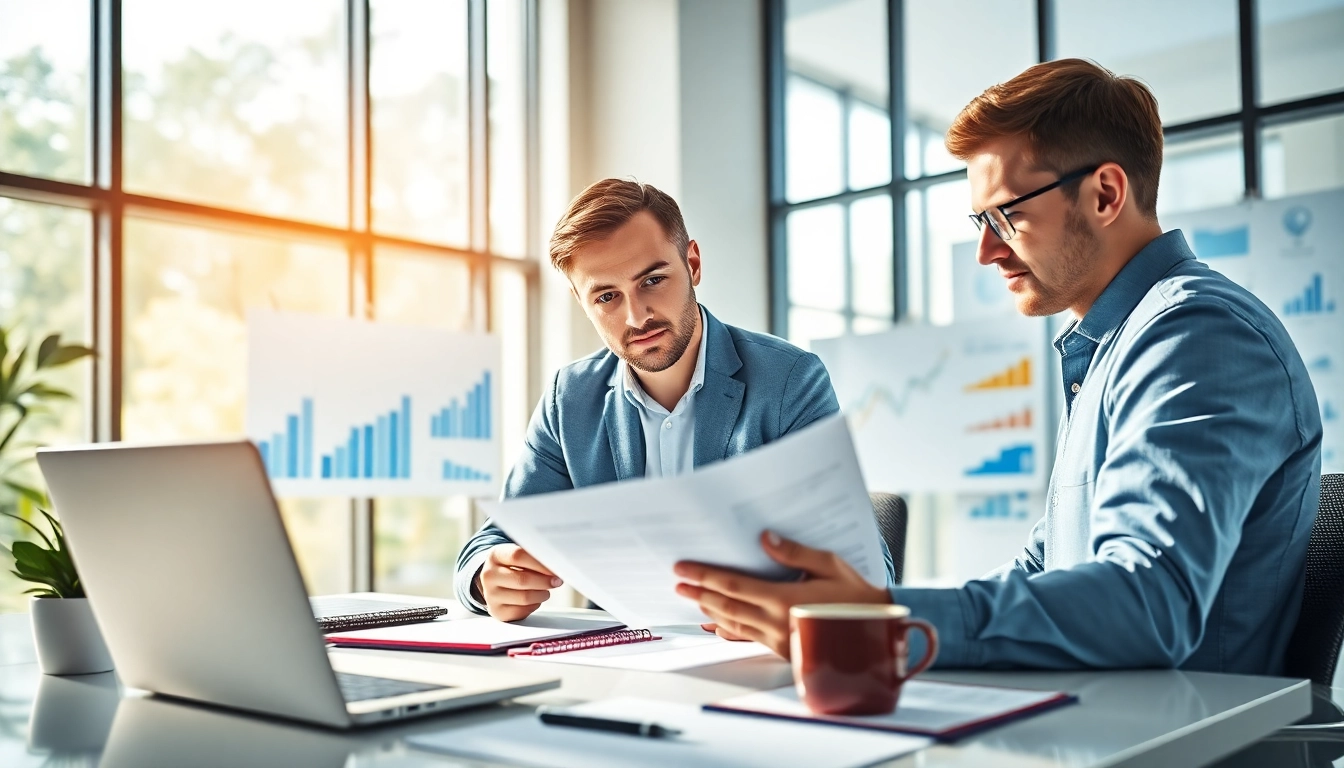 Illustration of Proposal Writing and Management with a consultant reviewing documents in a professional office.