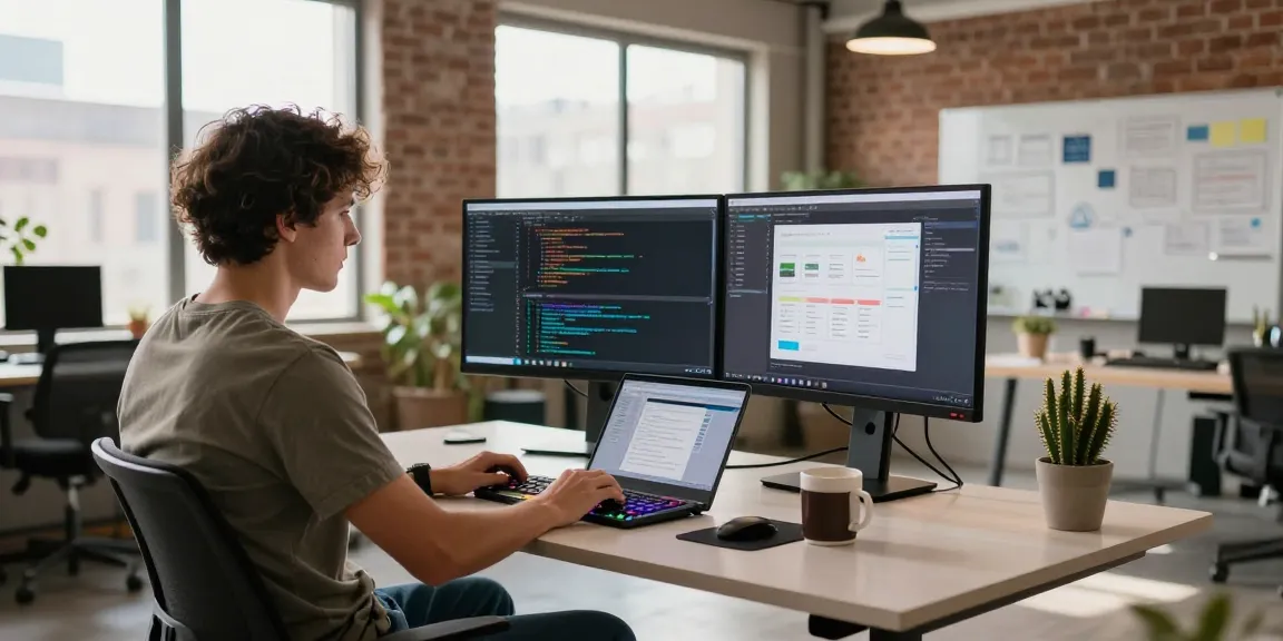 Developer working on coding projects with 纸飞机下载 on dual monitors in a bright office