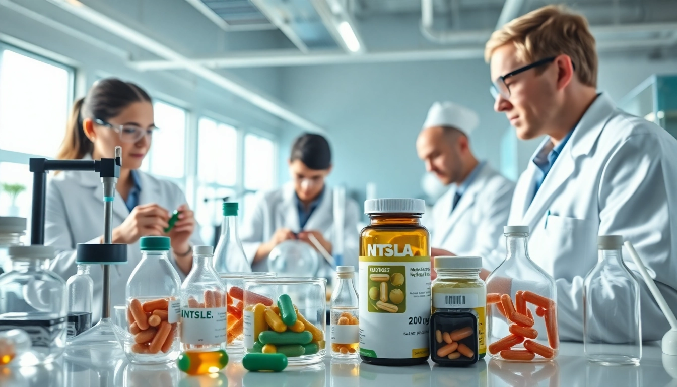 Lab technicians creating supplements showcasing expertise in contract supplement manufacturer uk.