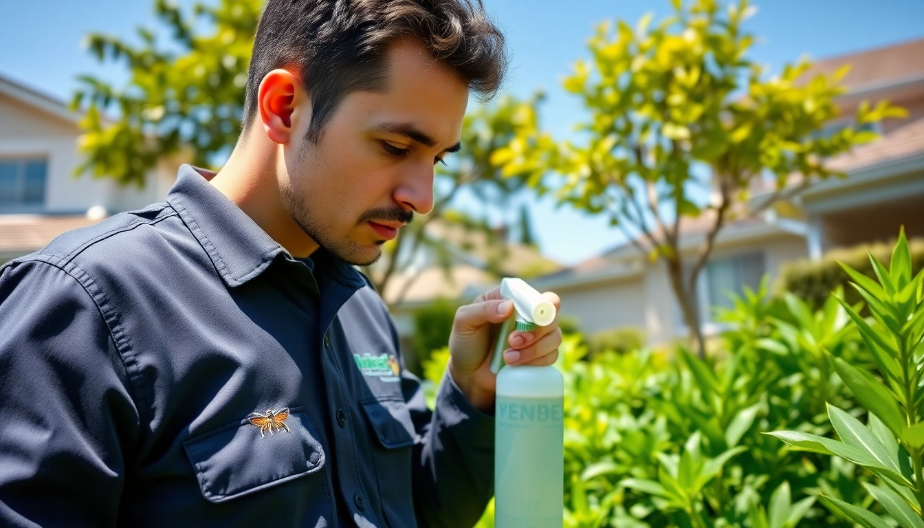 Trusted insect control service technician applying eco-friendly spray in a sunny garden.