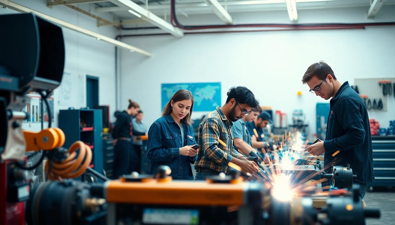 Students practicing skills at a trade school in Tennessee in a modern workshop.