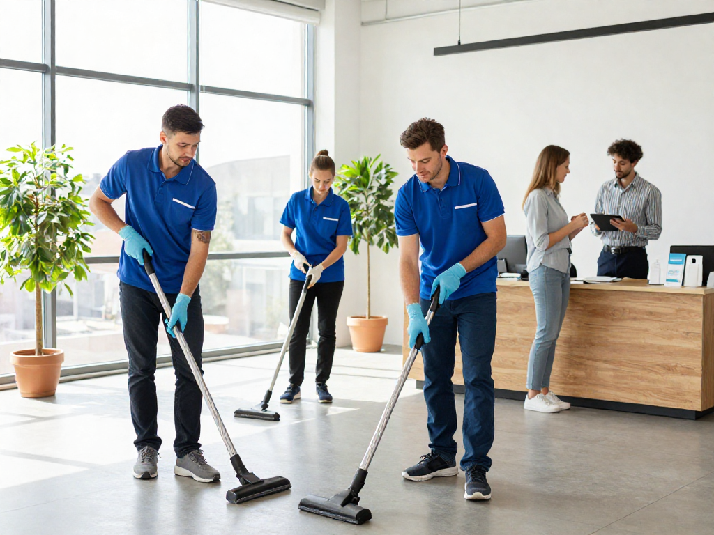 Professionelle Reinigungsfirma in Dortmund bei der Arbeit, umweltfreundliche Produkte verwendend.