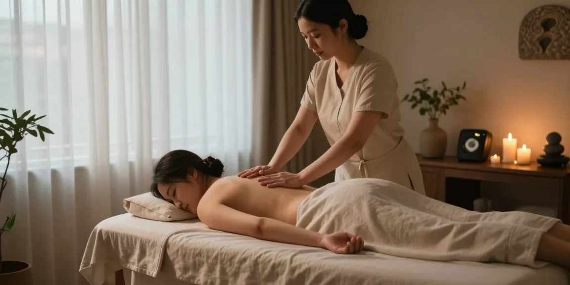 마사지 치료를 받으며 편안한 분위기의 스파 실내 모습