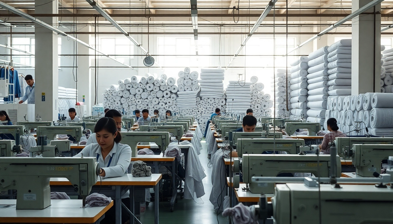 Manufacturing Clothing in China with skilled workers at sewing stations in a vibrant textile factory.